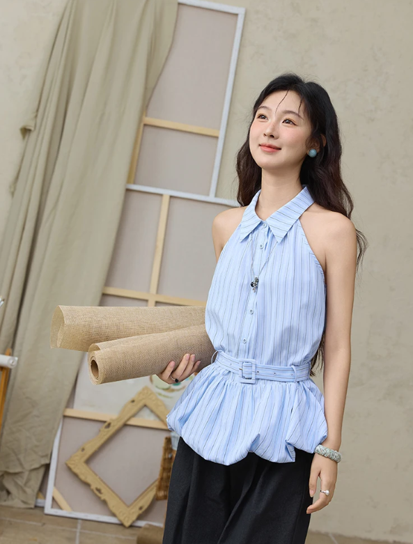 Striped Hanging Neck Sleeveless Turn-down Collar Button Top With Belt Mssza