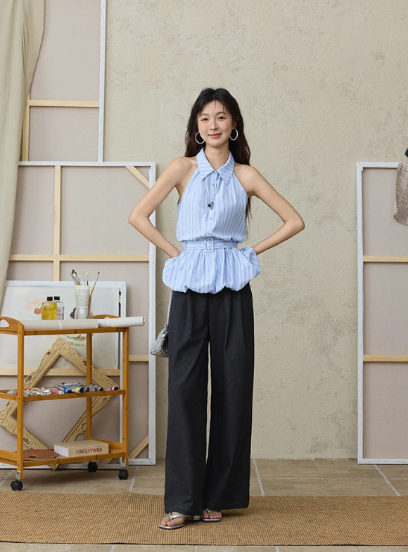 Striped Hanging Neck Sleeveless Turn-down Collar Button Top With Belt Mssza