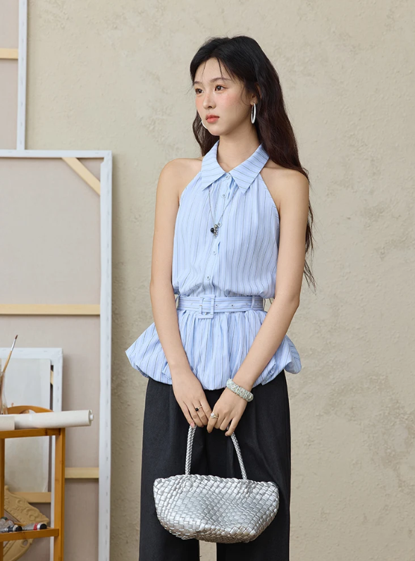 Striped Hanging Neck Sleeveless Turn-down Collar Button Top With Belt Mssza