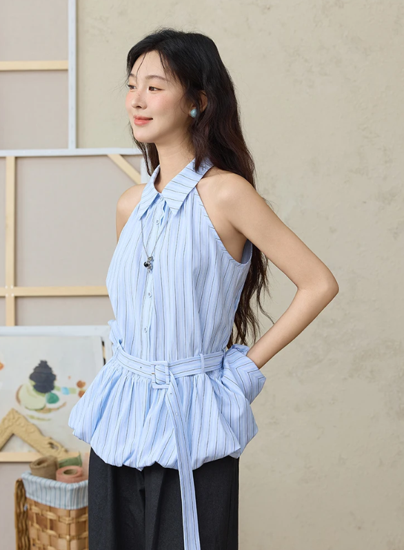 Striped Hanging Neck Sleeveless Turn-down Collar Button Top With Belt Mssza