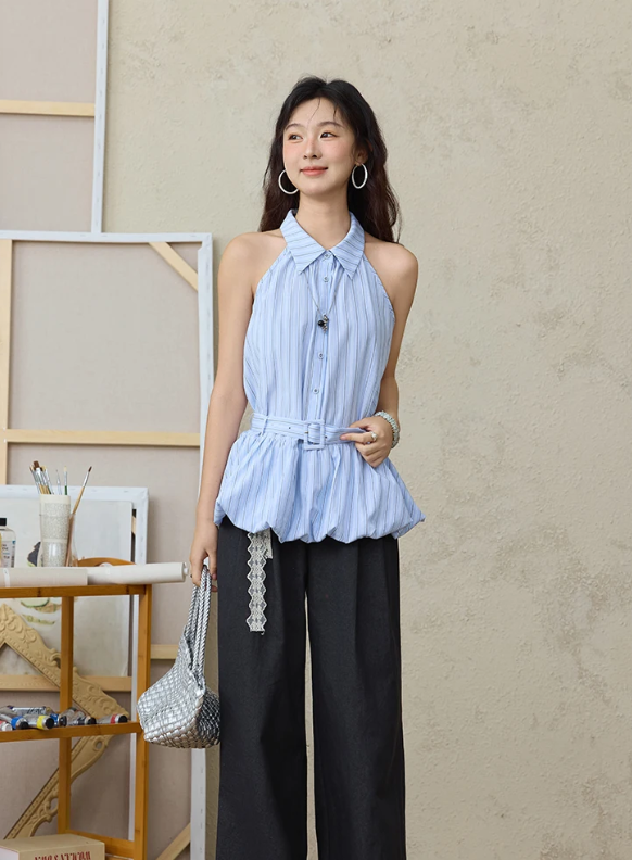 Striped Hanging Neck Sleeveless Turn-down Collar Button Top With Belt Mssza