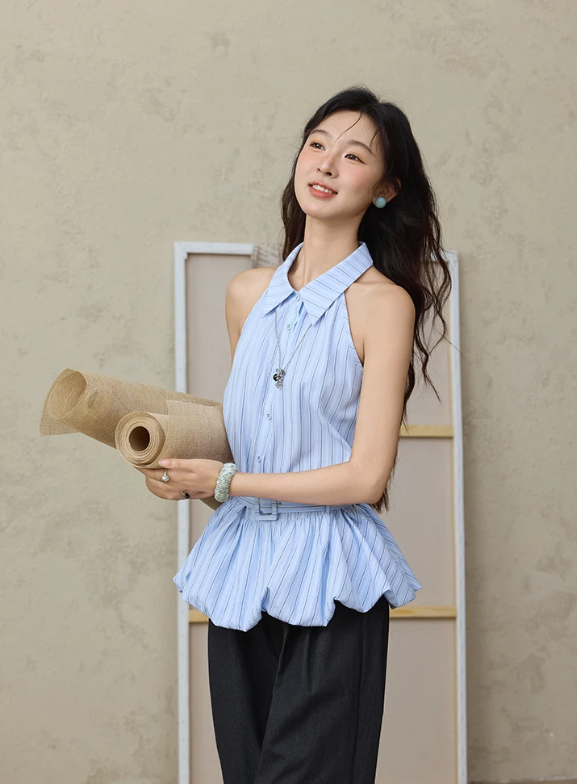 Striped Hanging Neck Sleeveless Turn-down Collar Button Top With Belt Mssza