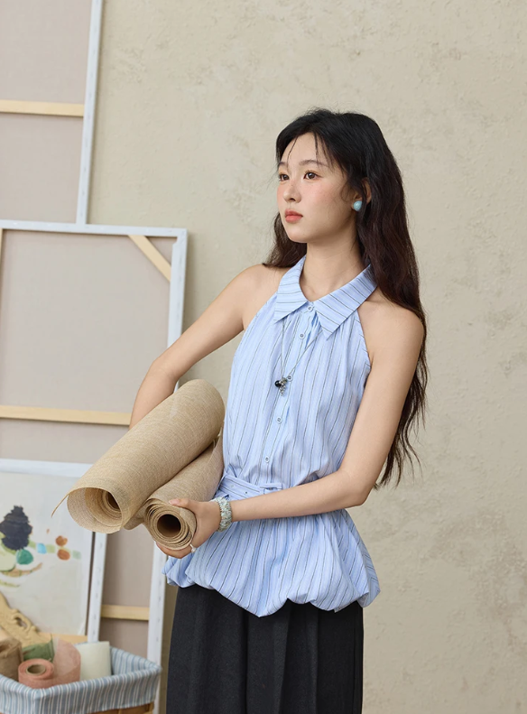 Striped Hanging Neck Sleeveless Turn-down Collar Button Top With Belt Mssza