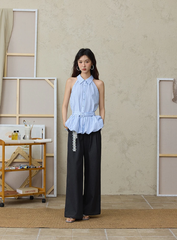 Striped Hanging Neck Sleeveless Turn-down Collar Button Top With Belt Mssza