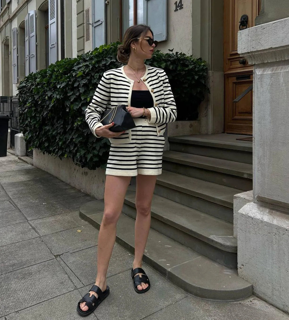 Striped Knit Zebra Printed Cardigan And High Waist Patchwork Shorts 2 Piece Set Mssza