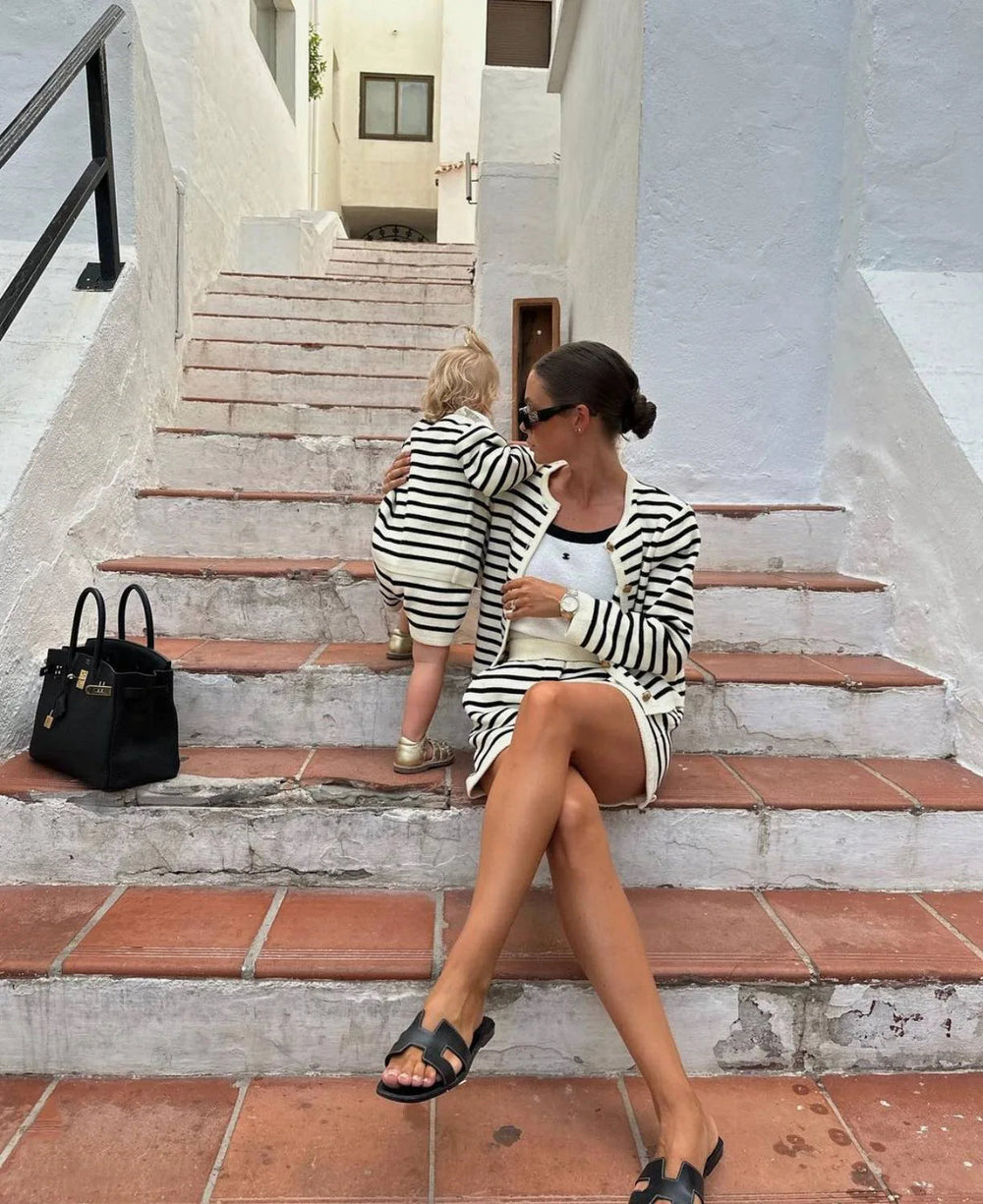 Striped Knit Zebra Printed Cardigan And High Waist Patchwork Shorts 2 Piece Set Mssza