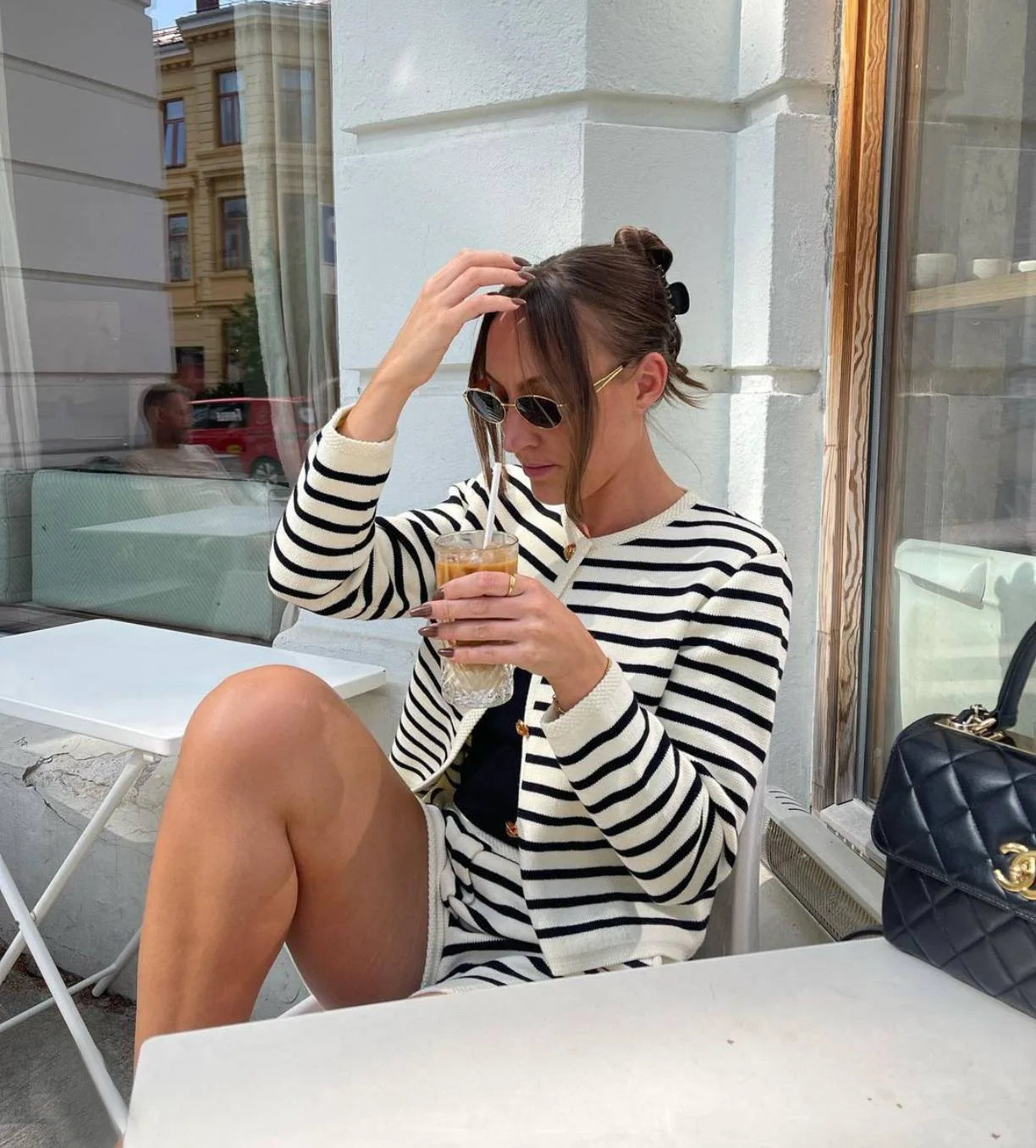 Striped Knit Zebra Printed Cardigan And High Waist Patchwork Shorts 2 Piece Set Mssza