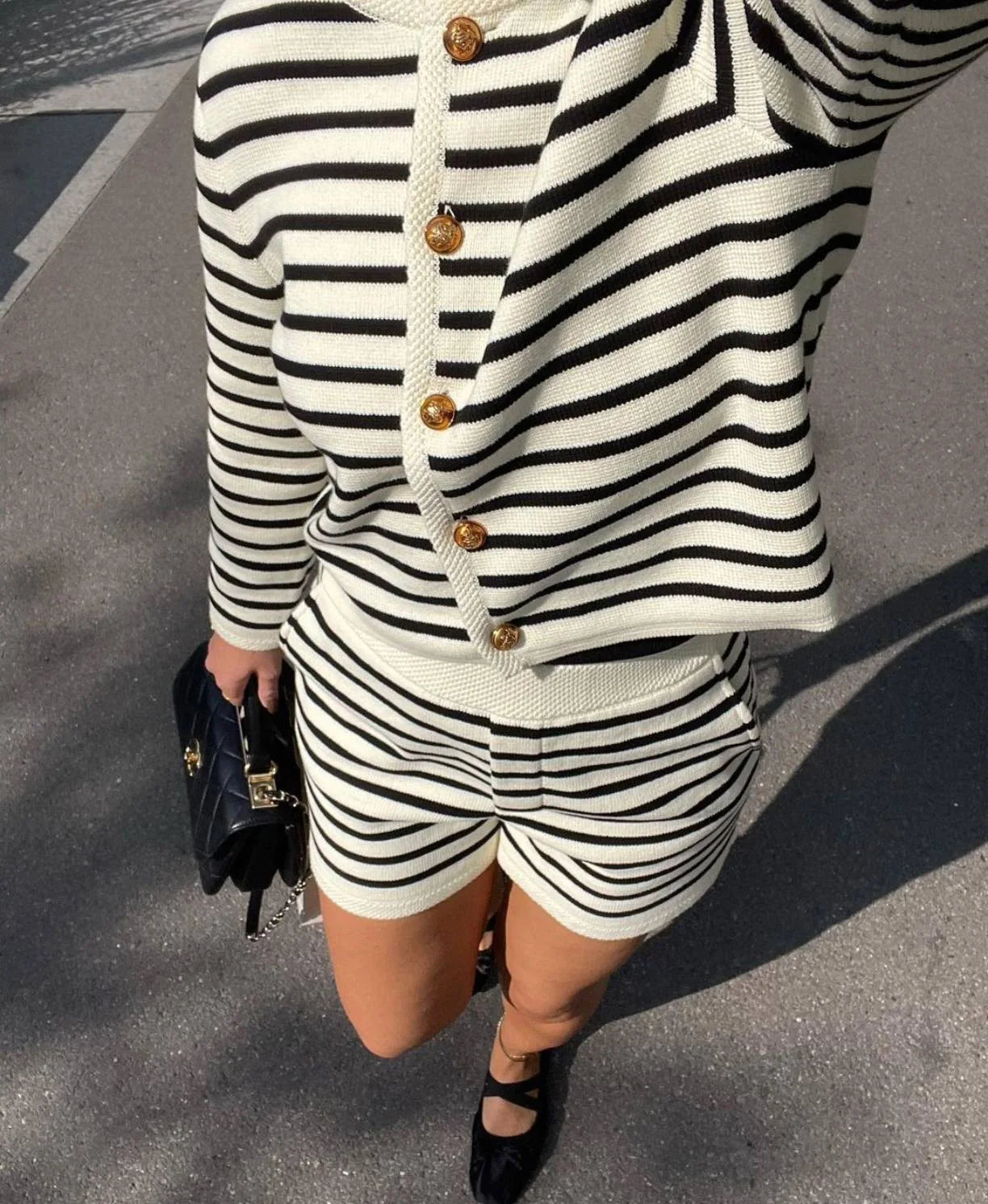 Striped Knit Zebra Printed Cardigan And High Waist Patchwork Shorts 2 Piece Set Mssza