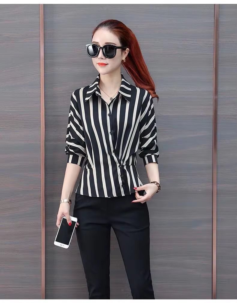 Striped Long Sleeve Polo-Neck Waist Elegant And Vintage Office Shirts Mssza