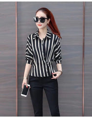 Striped Long Sleeve Polo-Neck Waist Elegant And Vintage Office Shirts Mssza