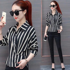 Striped Long Sleeve Polo-Neck Waist Elegant And Vintage Office Shirts Mssza