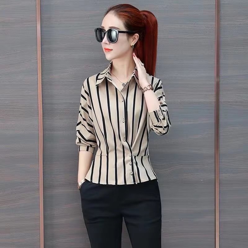 Striped Long Sleeve Polo-Neck Waist Elegant And Vintage Office Shirts Mssza