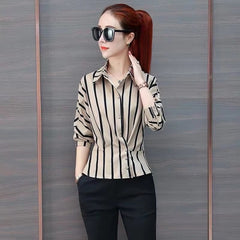 Striped Long Sleeve Polo-Neck Waist Elegant And Vintage Office Shirts Mssza