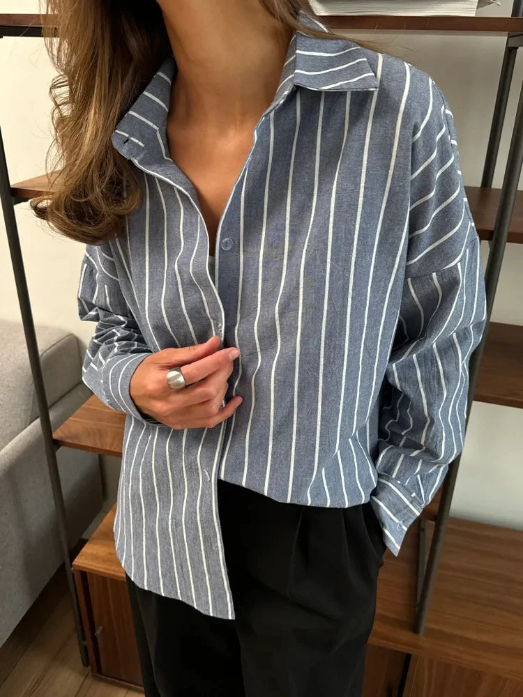 Striped Long Sleeved Design Breathable Cardigan Casual Shirt Mssza