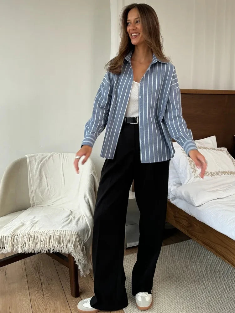 Striped Long Sleeved Design Breathable Cardigan Casual Shirt Mssza