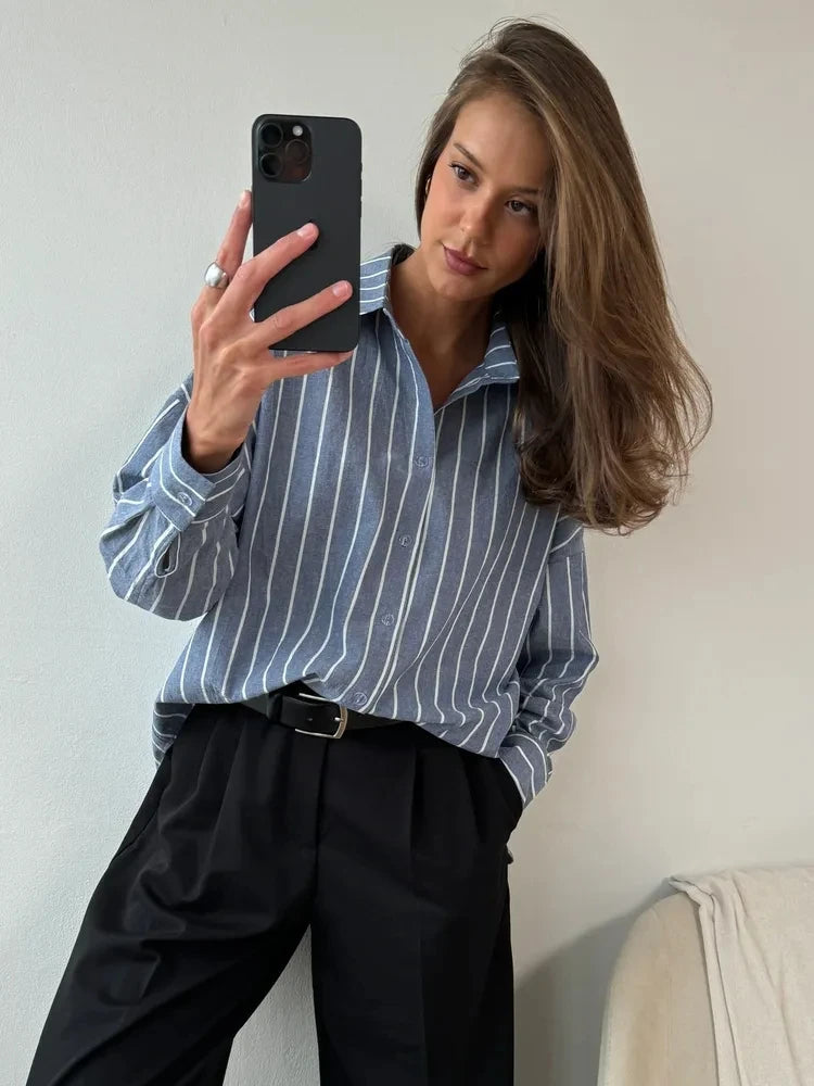 Striped Long Sleeved Design Breathable Cardigan Casual Shirt Mssza