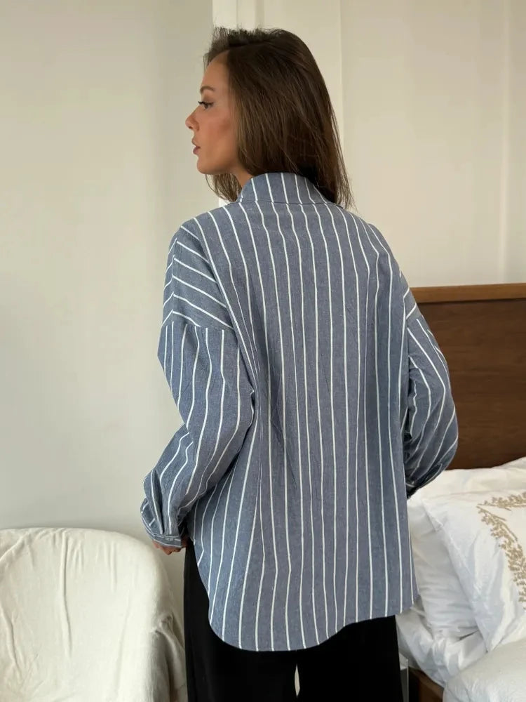 Striped Long Sleeved Design Breathable Cardigan Casual Shirt Mssza