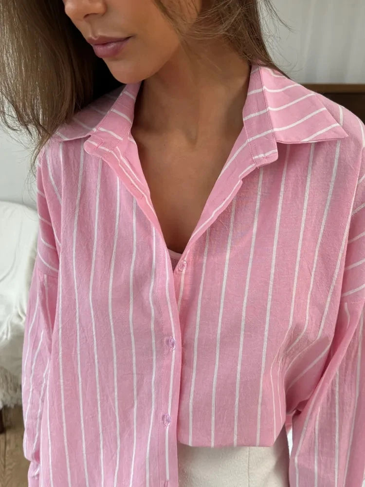Striped Long Sleeved Design Breathable Cardigan Casual Shirt Mssza