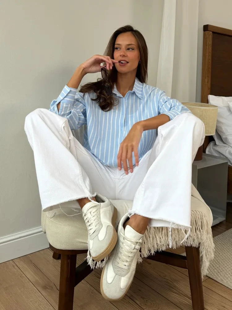 Striped Long Sleeved Design Breathable Cardigan Casual Shirt Mssza