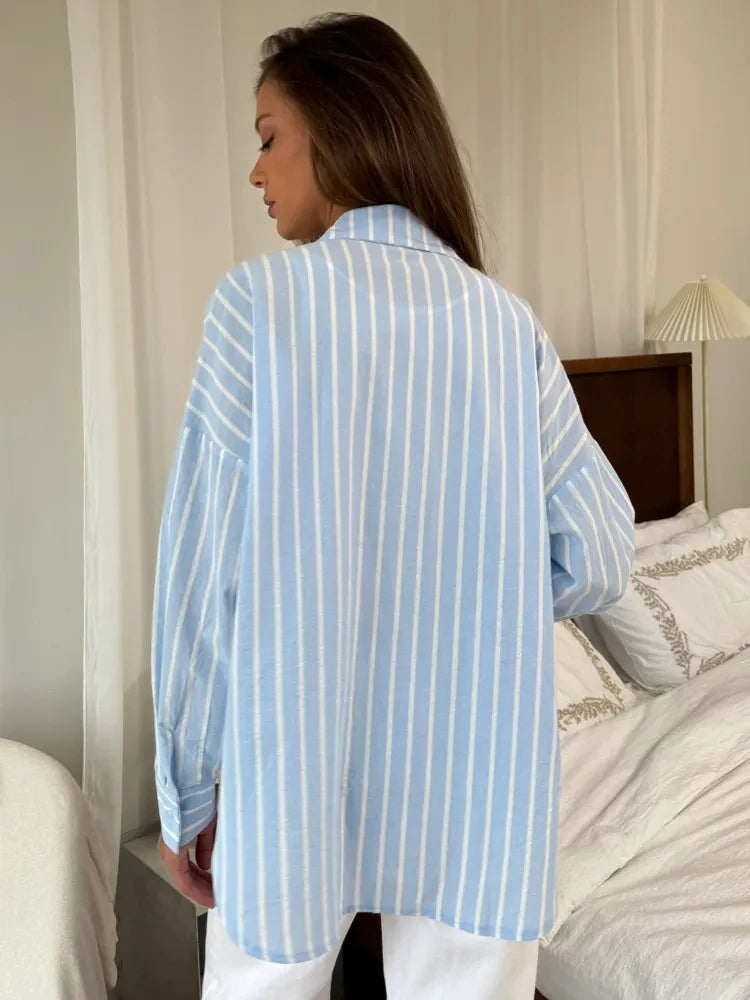Striped Long Sleeved Design Breathable Cardigan Casual Shirt Mssza