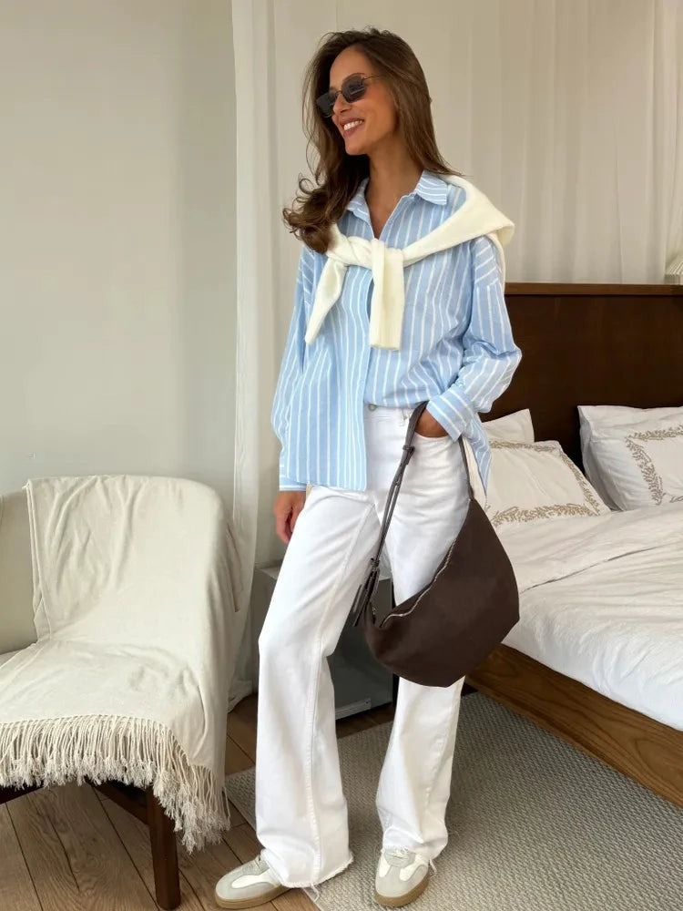 Striped Long Sleeved Design Breathable Cardigan Casual Shirt Mssza