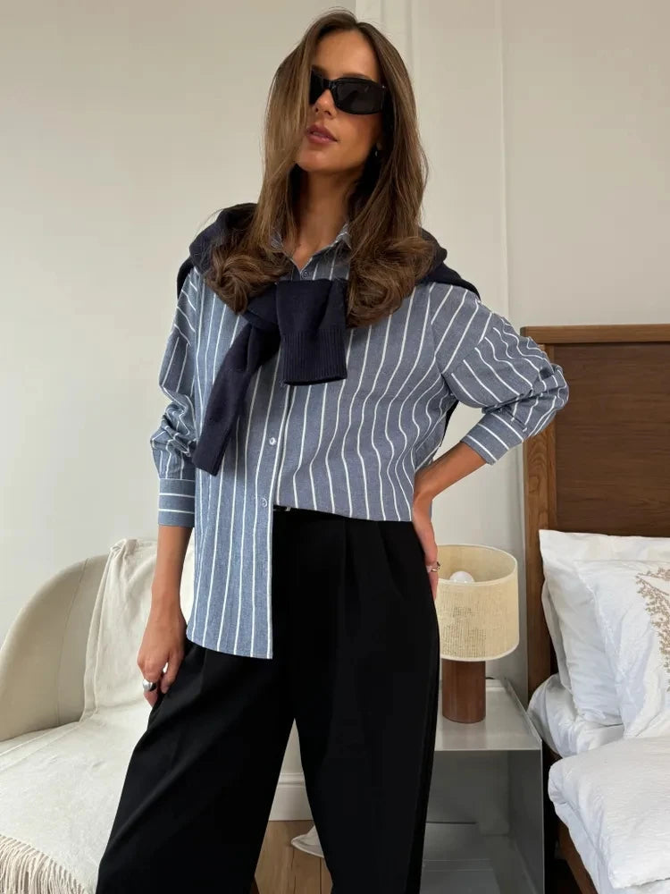 Striped Long Sleeved Design Breathable Cardigan Casual Shirt Mssza