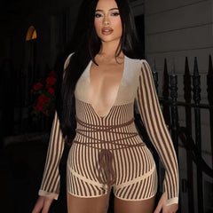 Striped Patchwork V-Neck Long Sleeve Bandage Skinny Vacation Streetwear Playsuits Mssza