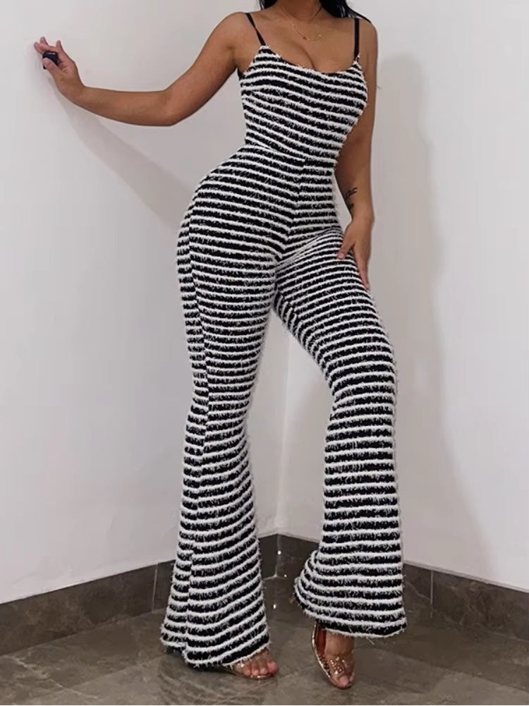 Striped Print Backless Spaghetti Strap Tight Fitting Overalls Night Club Outfit Mssza