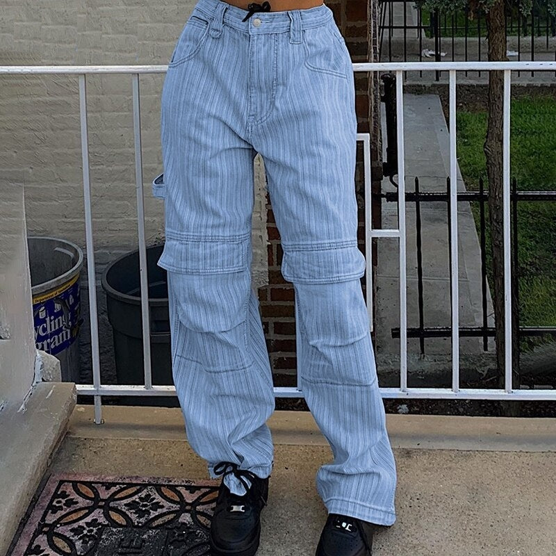 Striped Printed High Waist Baggy Pocket Cargo Pants Mssza