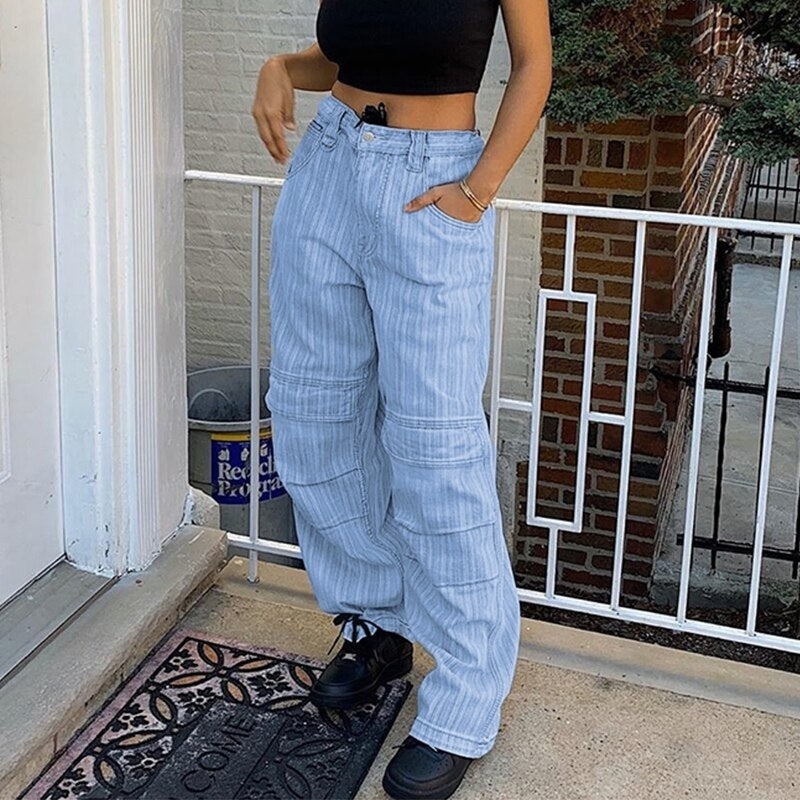 Striped Printed High Waist Baggy Pocket Cargo Pants Mssza