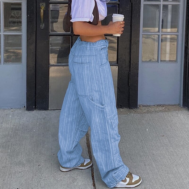 Striped Printed High Waist Baggy Pocket Cargo Pants Mssza