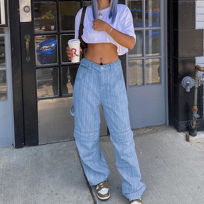 Striped Printed High Waist Baggy Pocket Cargo Pants Mssza