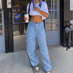 Striped Printed High Waist Baggy Pocket Cargo Pants Mssza