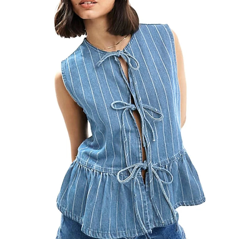Striped Round Neck Tie Front Sleeveless Ruffle Streetwear Two Piece Outfit Mssza