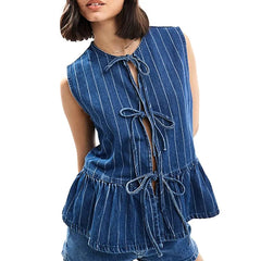 Striped Round Neck Tie Front Sleeveless Ruffle Streetwear Two Piece Outfit Mssza