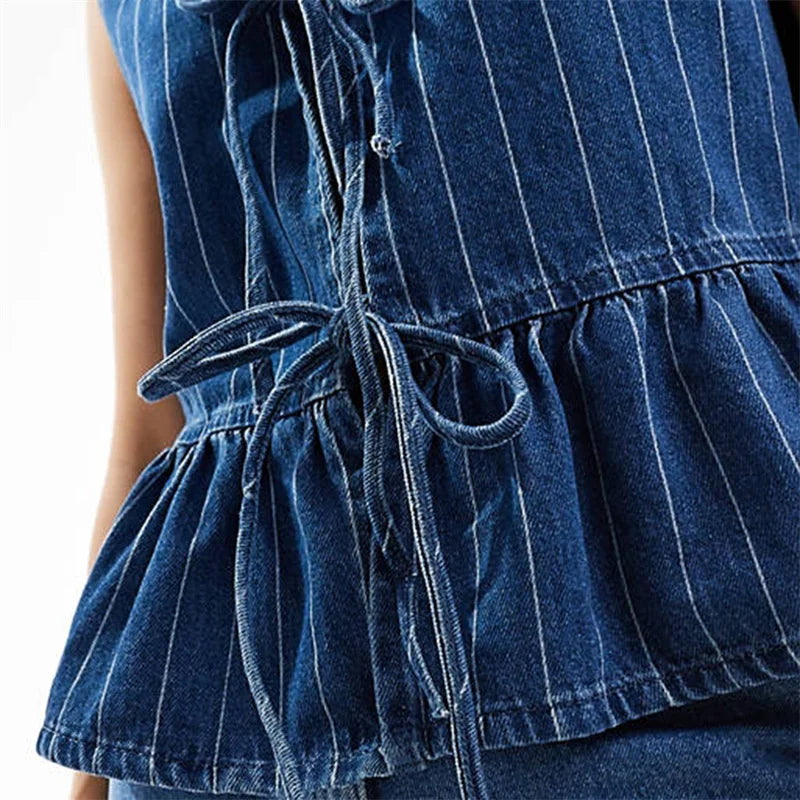 Striped Round Neck Tie Front Sleeveless Ruffle Streetwear Two Piece Outfit Mssza