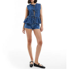 Striped Round Neck Tie Front Sleeveless Ruffle Streetwear Two Piece Outfit Mssza