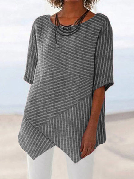 Stripes T Shirt Short Sleeves Irregular Hem Tops Mssza