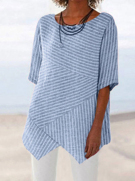 Stripes T Shirt Short Sleeves Irregular Hem Tops Mssza