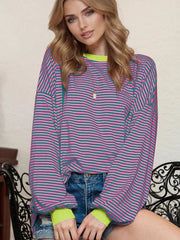 Strips Printed Long Sleeves Two-Tone Dropped Shoulder Sweatshirt Mssza