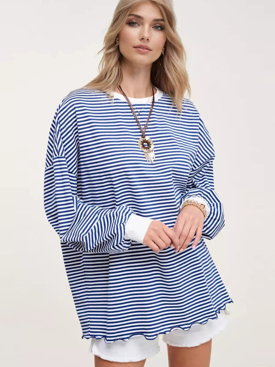 Strips Printed Long Sleeves Two-Tone Dropped Shoulder Sweatshirt Mssza