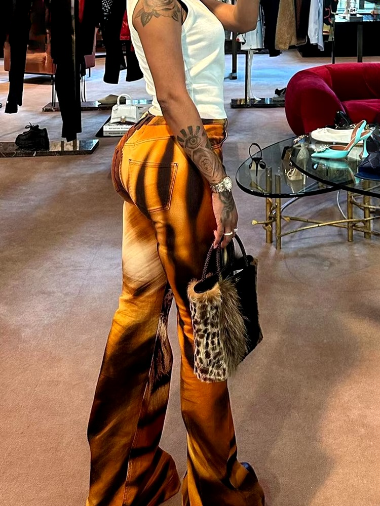 Stunning High Waist 3D Tiger Print Skinny With Button Flare Trousers Mssza