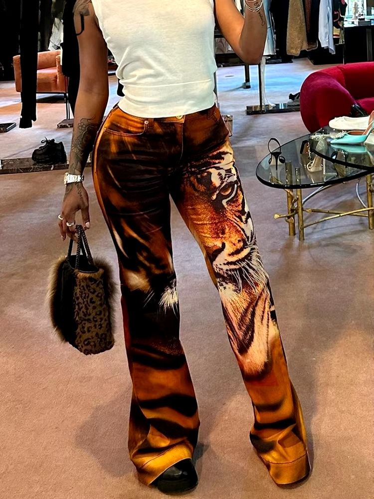 Stunning High Waist 3D Tiger Print Skinny With Button Flare Trousers Mssza