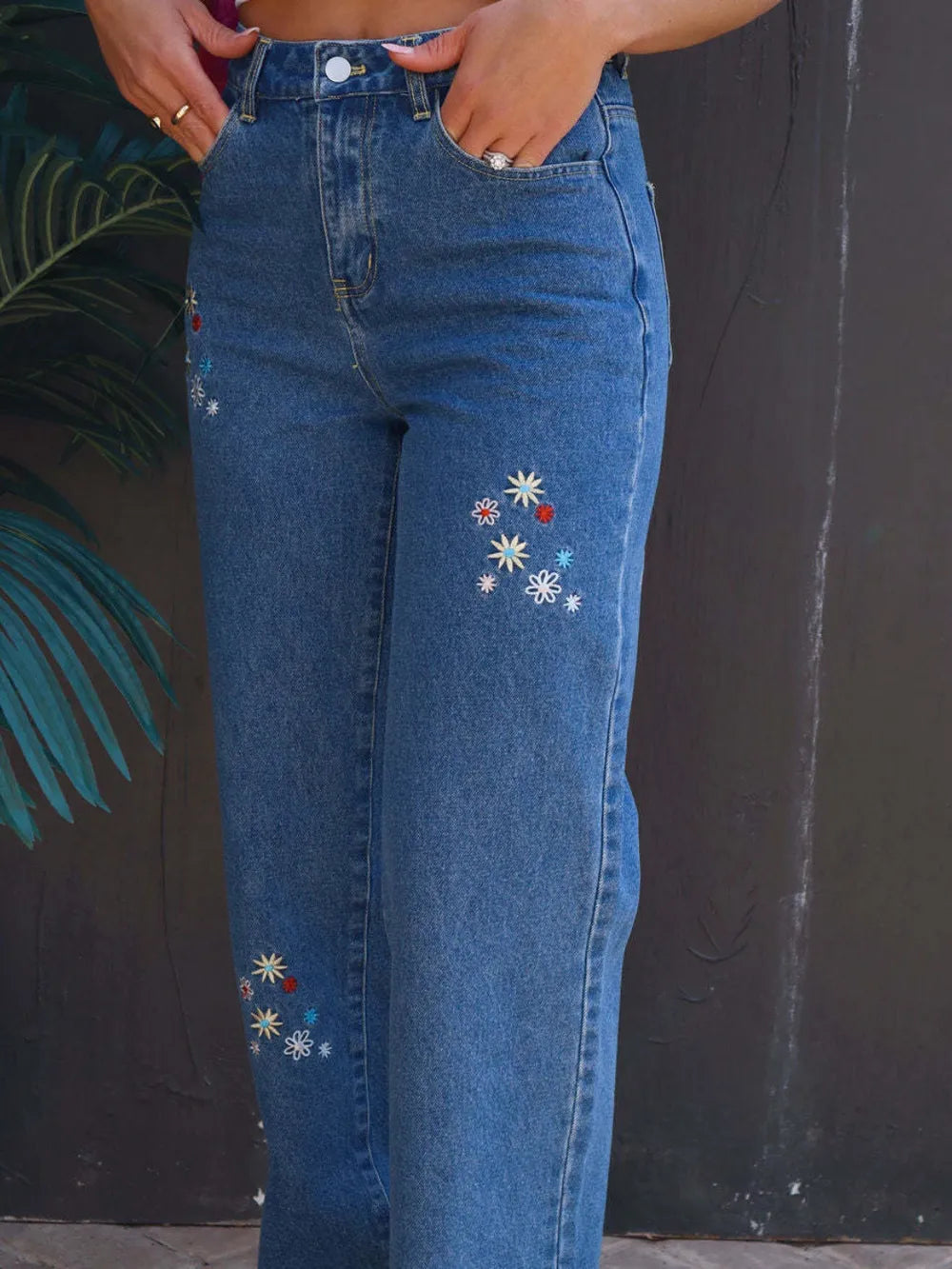 Stylish Outdoor Party Embroidered Straight Jeans with Pockets Mssza