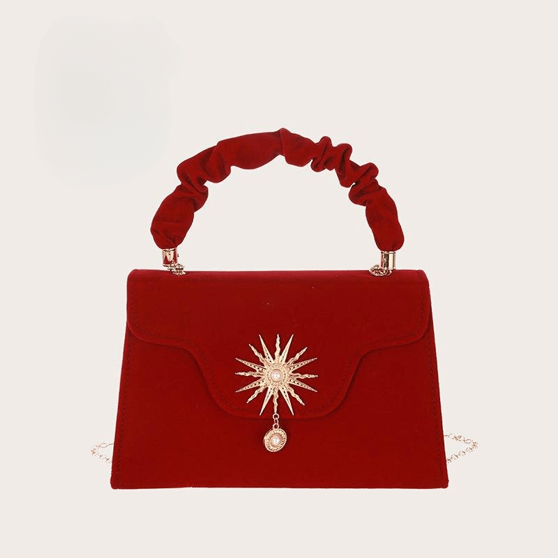 Suede Clutch Bag With Pearl Vintage Red Box Shape Top Handle Small Brand Luxury Woman Bag Mssza