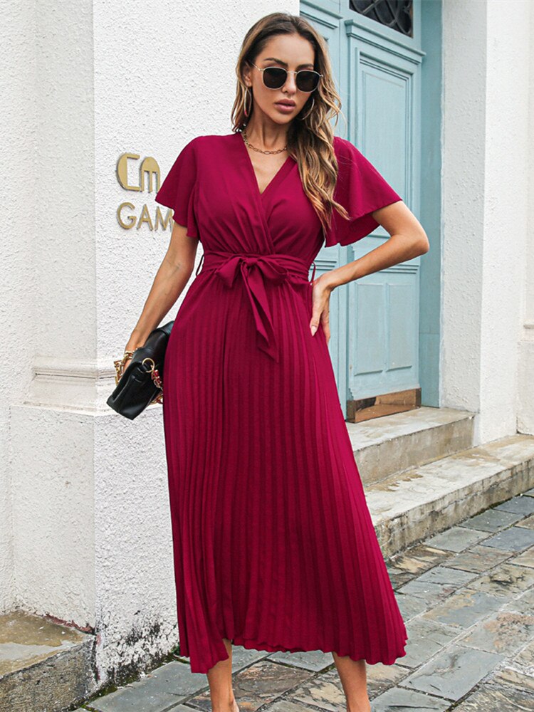Butterfly Sleeve Pleated High Waist Vintage Dress Mssaz Desses