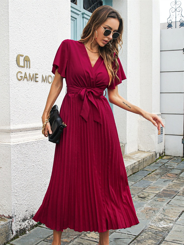 Butterfly Sleeve Pleated High Waist Vintage Dress Mssaz Desses