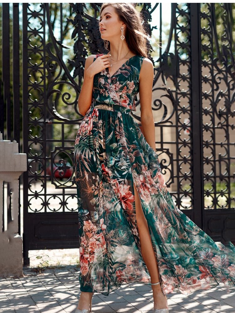 Chiffon Floral Print V-neck Sleeveless Beach Party Dress Mssaz Desses
