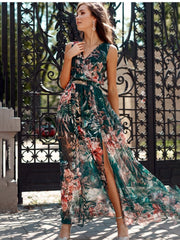 Chiffon Floral Print V-neck Sleeveless Beach Party Dress Mssaz Desses