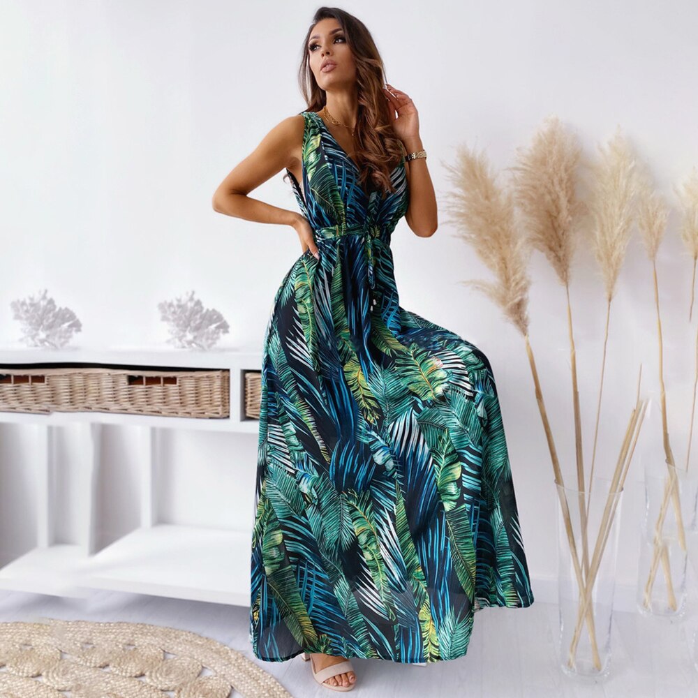 Chiffon Floral Print V-neck Sleeveless Beach Party Dress Mssaz Desses
